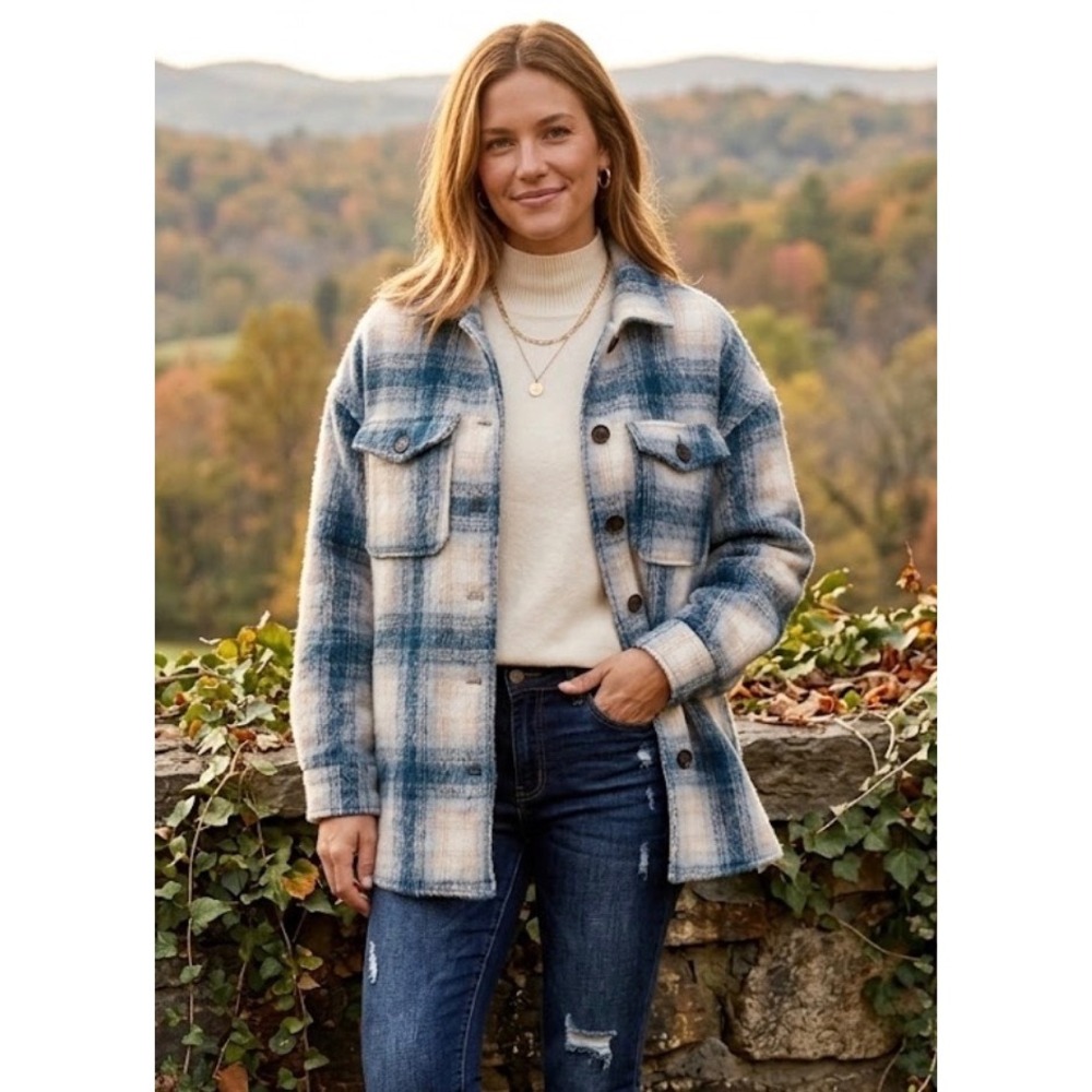 Bagatelle Collection Blue Cream Plaid Shacket Oversized‎ Shirt Jacket Womens L